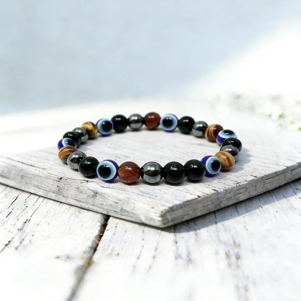 Triple Protection Bracelet NWT - 10mm Black Obsidian Hematite Tiger Eye - Picture 3 of 5